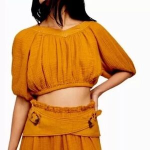 Free People Cropped Lou Lou Gauze Blouse with balloon Sleeves Sz S